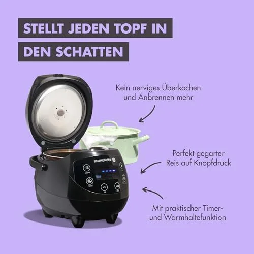 REISHUNGER Digitaler Mini-Reiskocher, 0,6L – Warmhaltefunktion & Timer – 8 Programme – Premium Topf & Dampfgarer – Bild 5