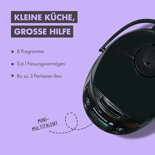 REISHUNGER Digitaler Mini-Reiskocher, 0,6L – Warmhaltefunktion & Timer – 8 Programme – Premium Topf & Dampfgarer – Bild 2