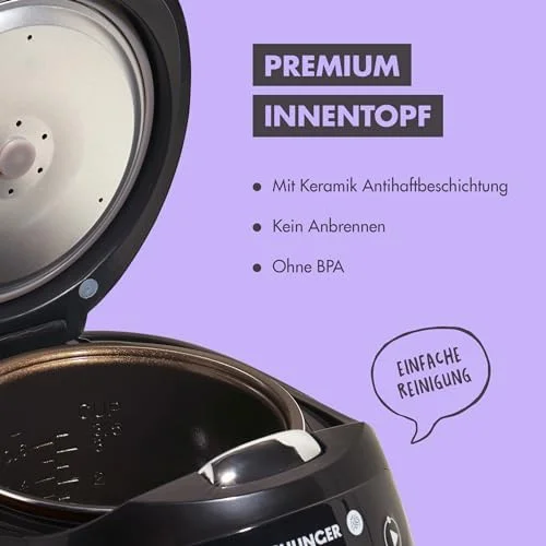REISHUNGER Digitaler Mini-Reiskocher, 0,6L – Warmhaltefunktion & Timer – 8 Programme – Premium Topf & Dampfgarer – Bild 6