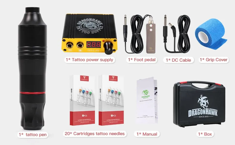 Dragonhawk Tattoo Kit Cartridge Tattoo Machine Kit Pen Rotary Tattoo Machine Set 20 Cartridges Tattoo Needles Tattoo Pedal Power Supply for Tattoo Artists – Bild 9