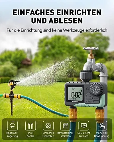 RAINPOINT Bewässerungscomputer mit 2 gesteuerten Ausgängen, Automatisch/Manuell, LCD-Display – Bild 3