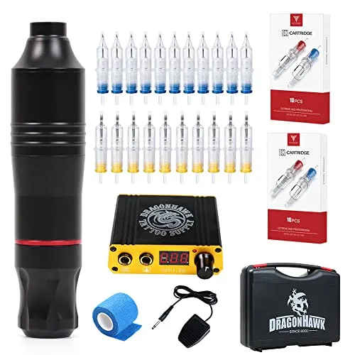 Dragonhawk Tattoo Kit Cartridge Tattoo Machine Kit Pen Rotary Tattoo Machine Set 20 Cartridges Tattoo Needles Tattoo Pedal Power Supply for Tattoo Artists