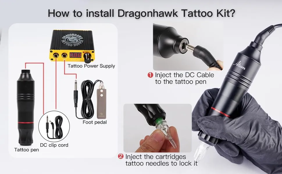 Dragonhawk Tattoo Kit Cartridge Tattoo Machine Kit Pen Rotary Tattoo Machine Set 20 Cartridges Tattoo Needles Tattoo Pedal Power Supply for Tattoo Artists – Bild 8
