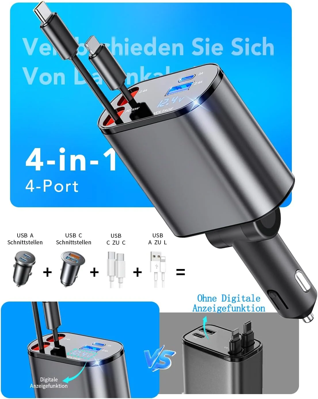 Aimtel Einziehbares 66W Auto Ladegerät – USB C Adapter für iPhone, Galaxy, Pixel & mehr – Bild 2