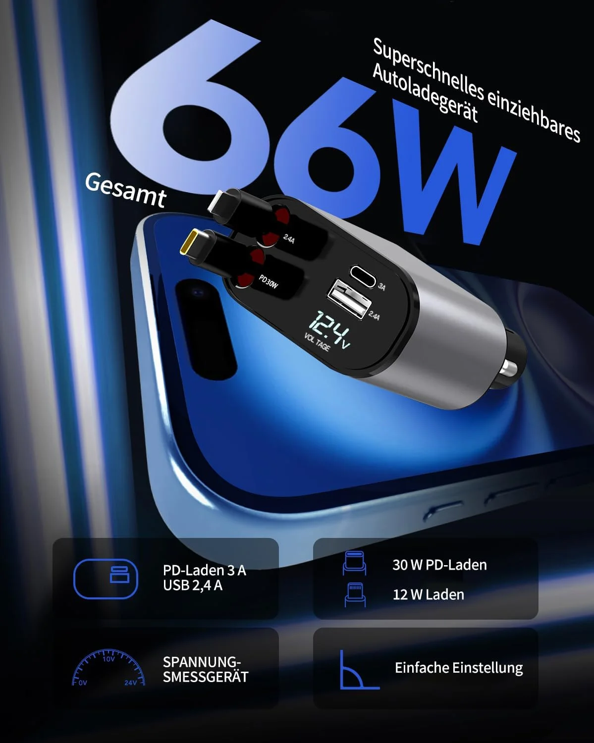 Aimtel Einziehbares 66W Auto Ladegerät – USB C Adapter für iPhone, Galaxy, Pixel & mehr – Bild 4