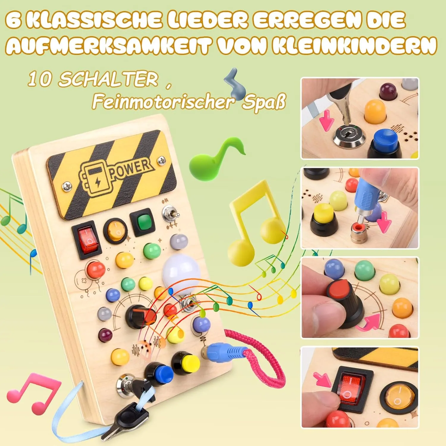 YIKANWEN Montessori Busy Board ab 1 Jahr – Holzspielzeug mit Musik & LED für Kleinkinder – Bild 6