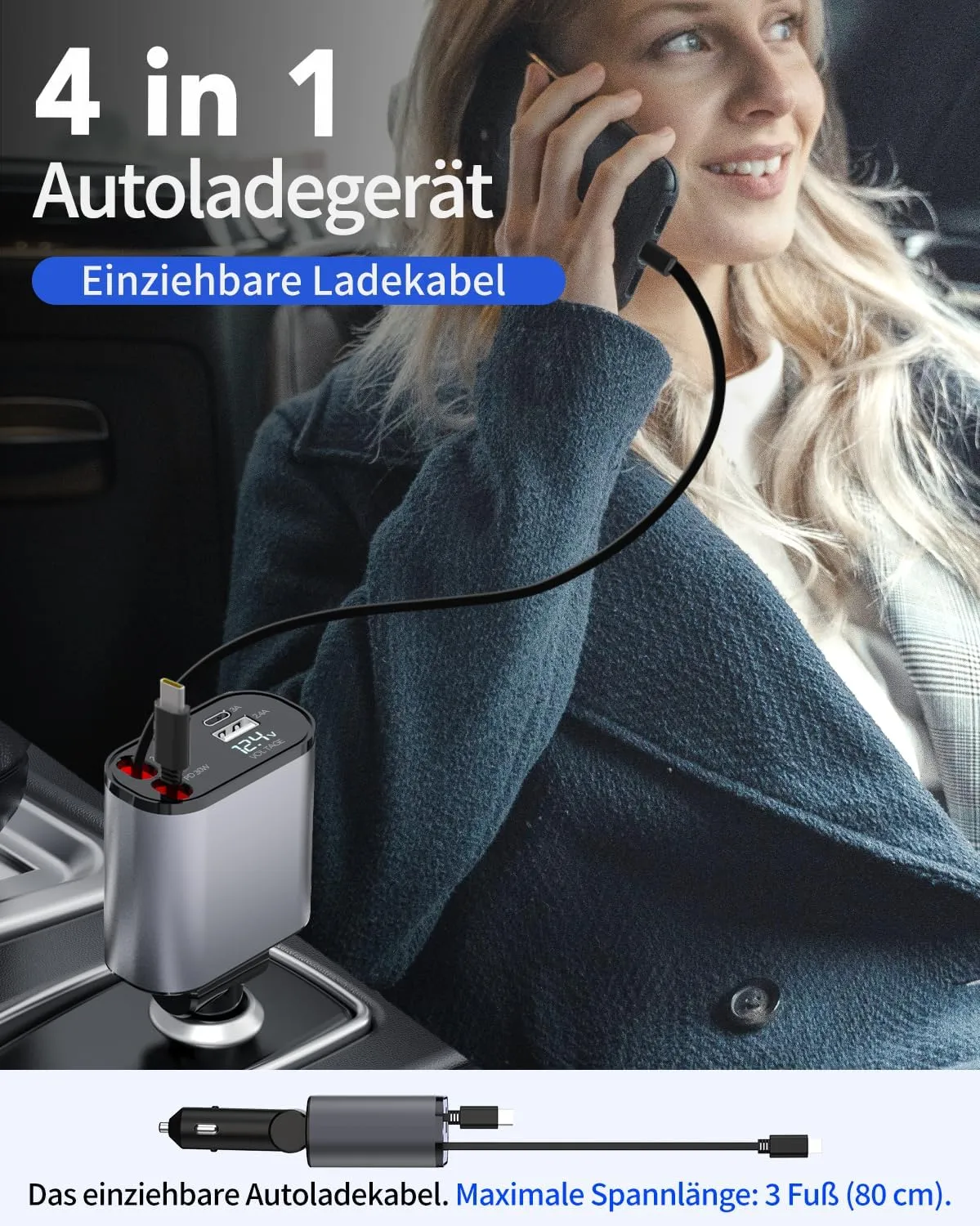 Aimtel Einziehbares 66W Auto Ladegerät – USB C Adapter für iPhone, Galaxy, Pixel & mehr – Bild 7