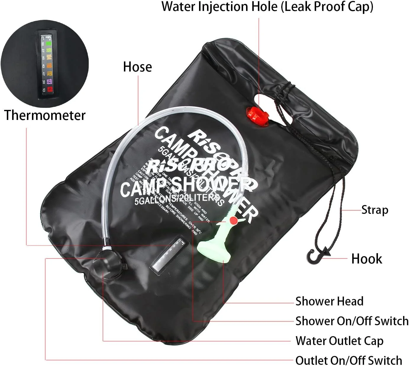 RISEPRO Solar-Dusche 20L – Camping-Duschtasche mit Temperaturanzeige, 45°C warmes Wasser – Bild 2