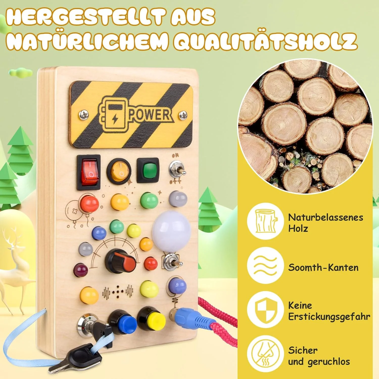 YIKANWEN Montessori Busy Board ab 1 Jahr – Holzspielzeug mit Musik & LED für Kleinkinder – Bild 4