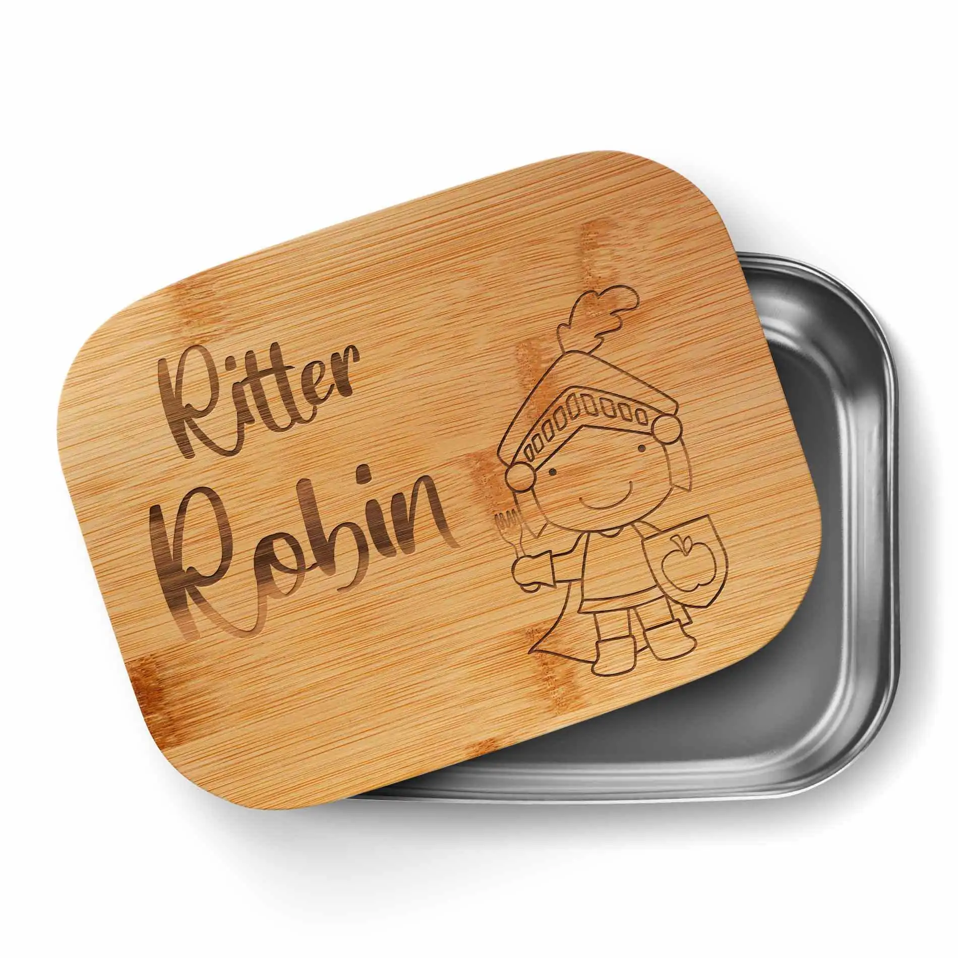 Snackbox für den Schulbeginn für Jungs mit Ritter Muster und personalisiertem Gravurtext