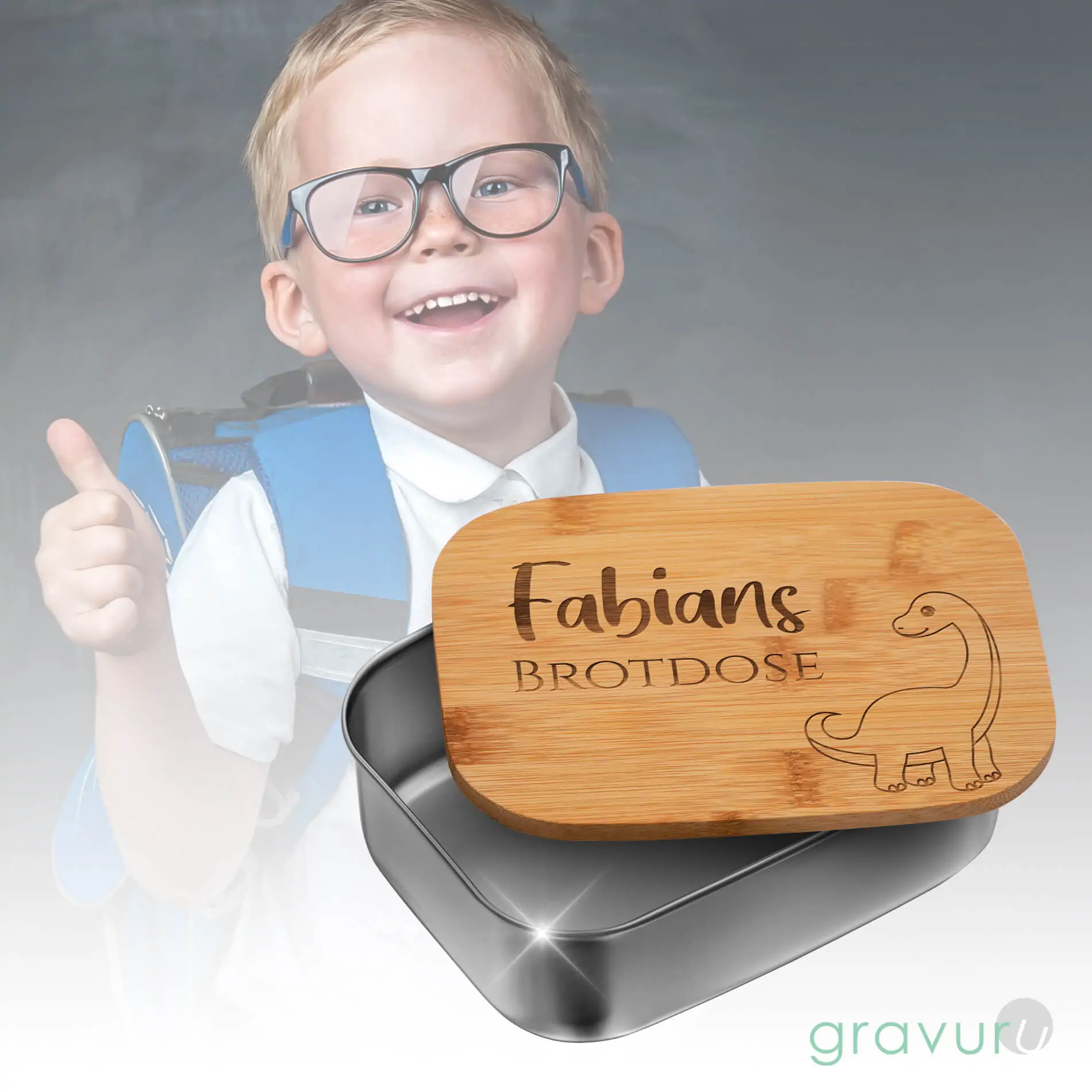 Snackbox für den Schulbeginn für Jungs mit Ritter Muster und personalisiertem Gravurtext – Bild 2