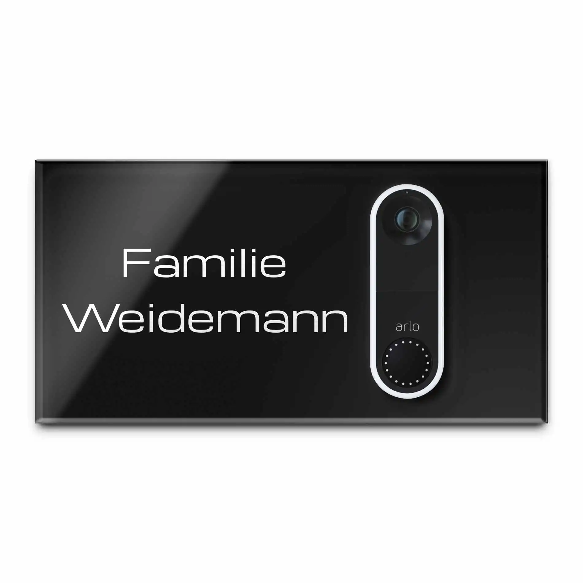 Klingel Schild mit Aussparung für die Arlo Video Wire-Free Doorbell aus Acrylglas auf V2A Edelstahl
