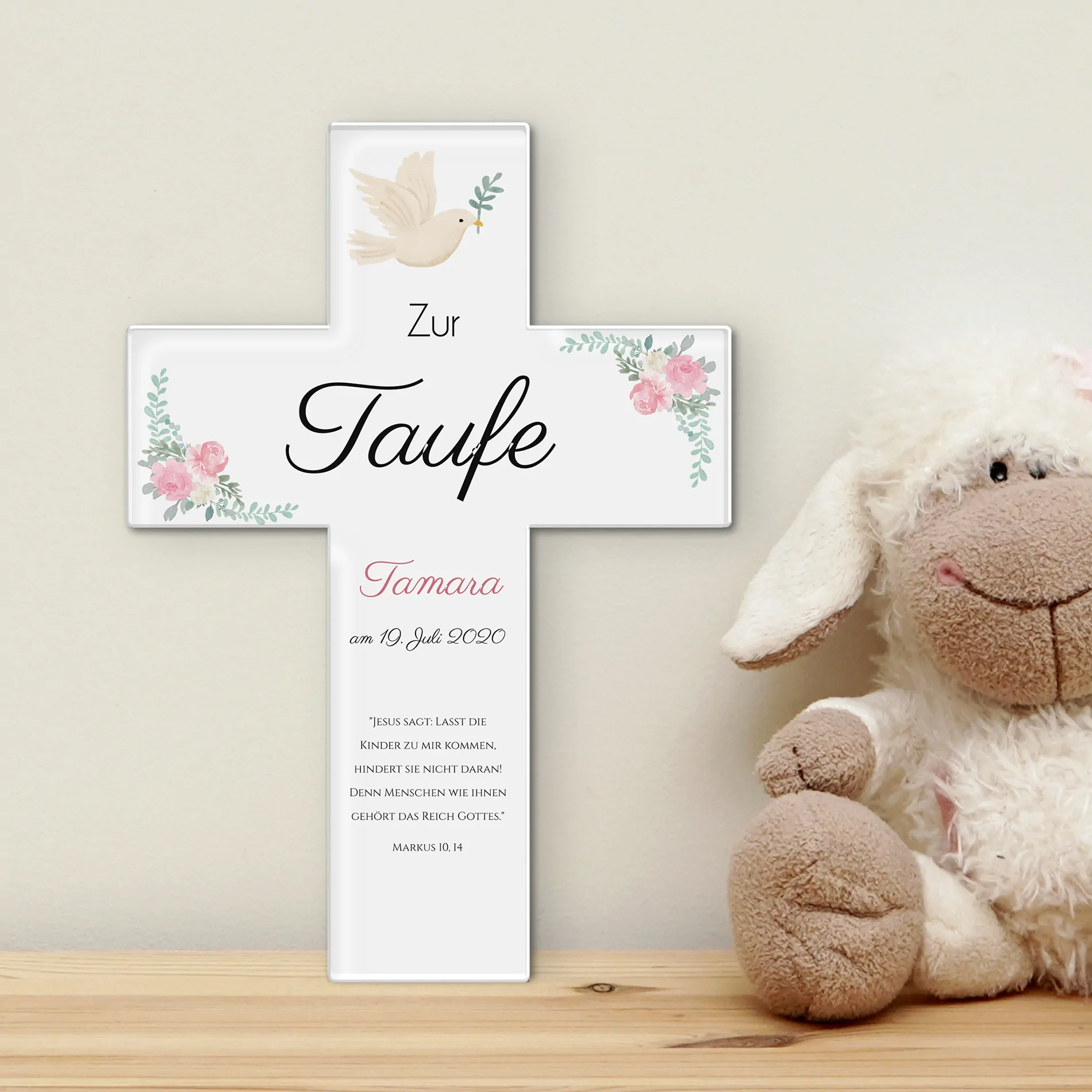 Kreuz zur Taufe mit schönem Blumen Design – Bild 2