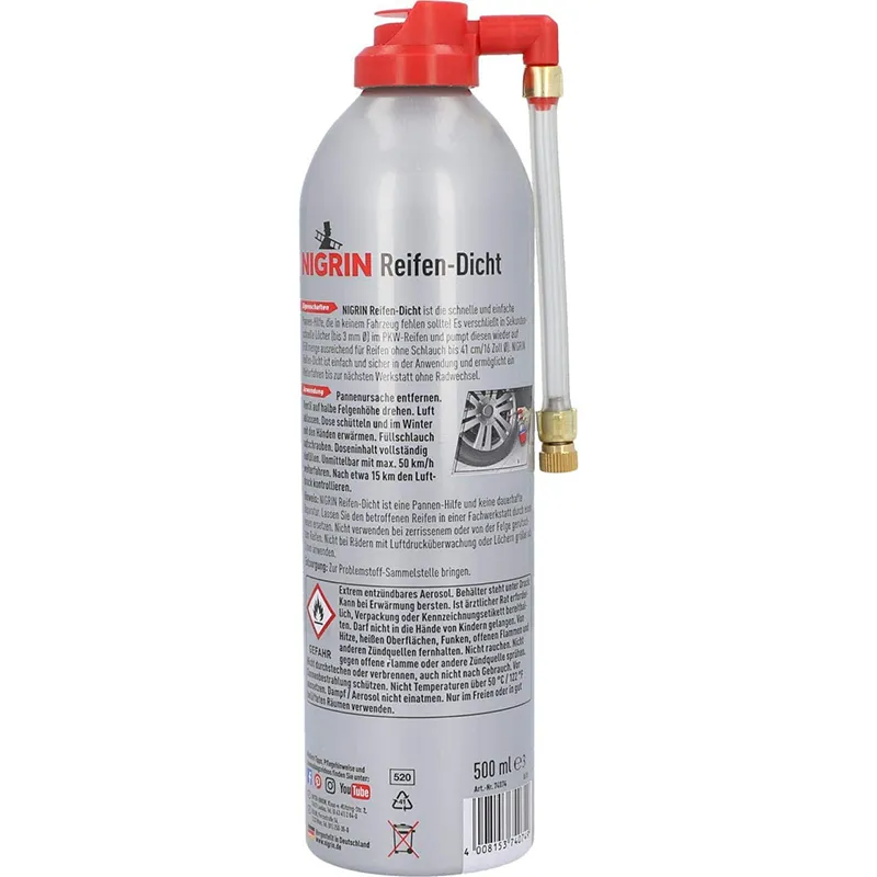 NIGRIN Reifendicht, 500 ml, sofortige Pannenhilfe, Reifendichtmittel repariert Löcher im Reifen im Handumdrehen ohne Montage – Bild 2