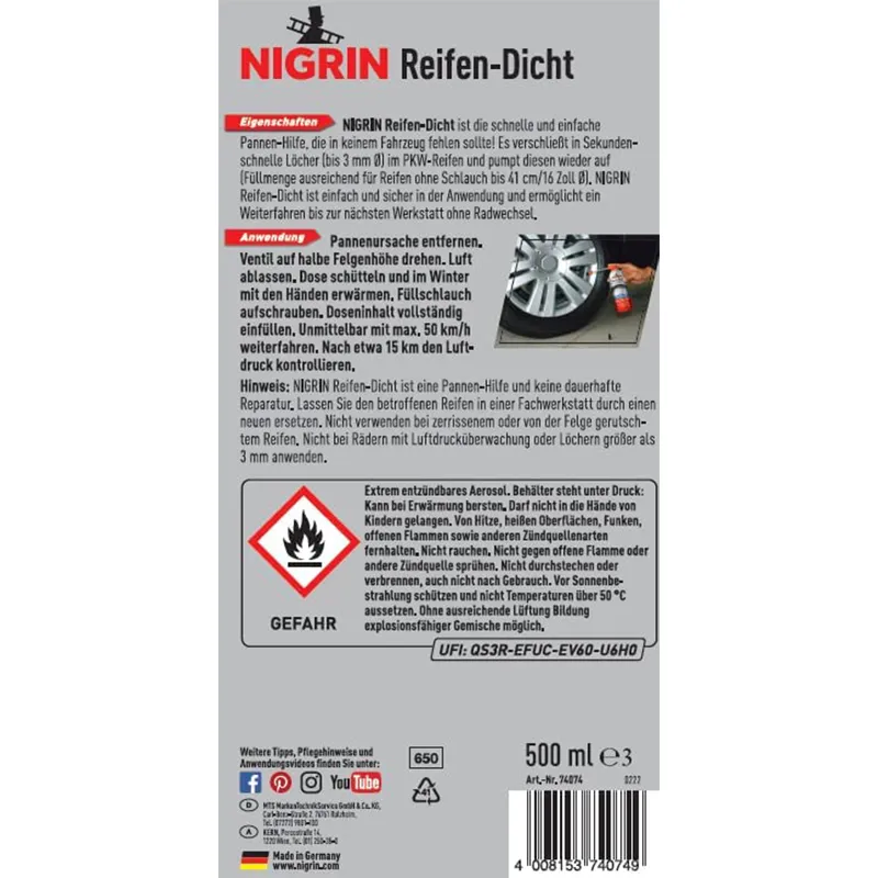 NIGRIN Reifendicht, 500 ml, sofortige Pannenhilfe, Reifendichtmittel repariert Löcher im Reifen im Handumdrehen ohne Montage – Bild 3