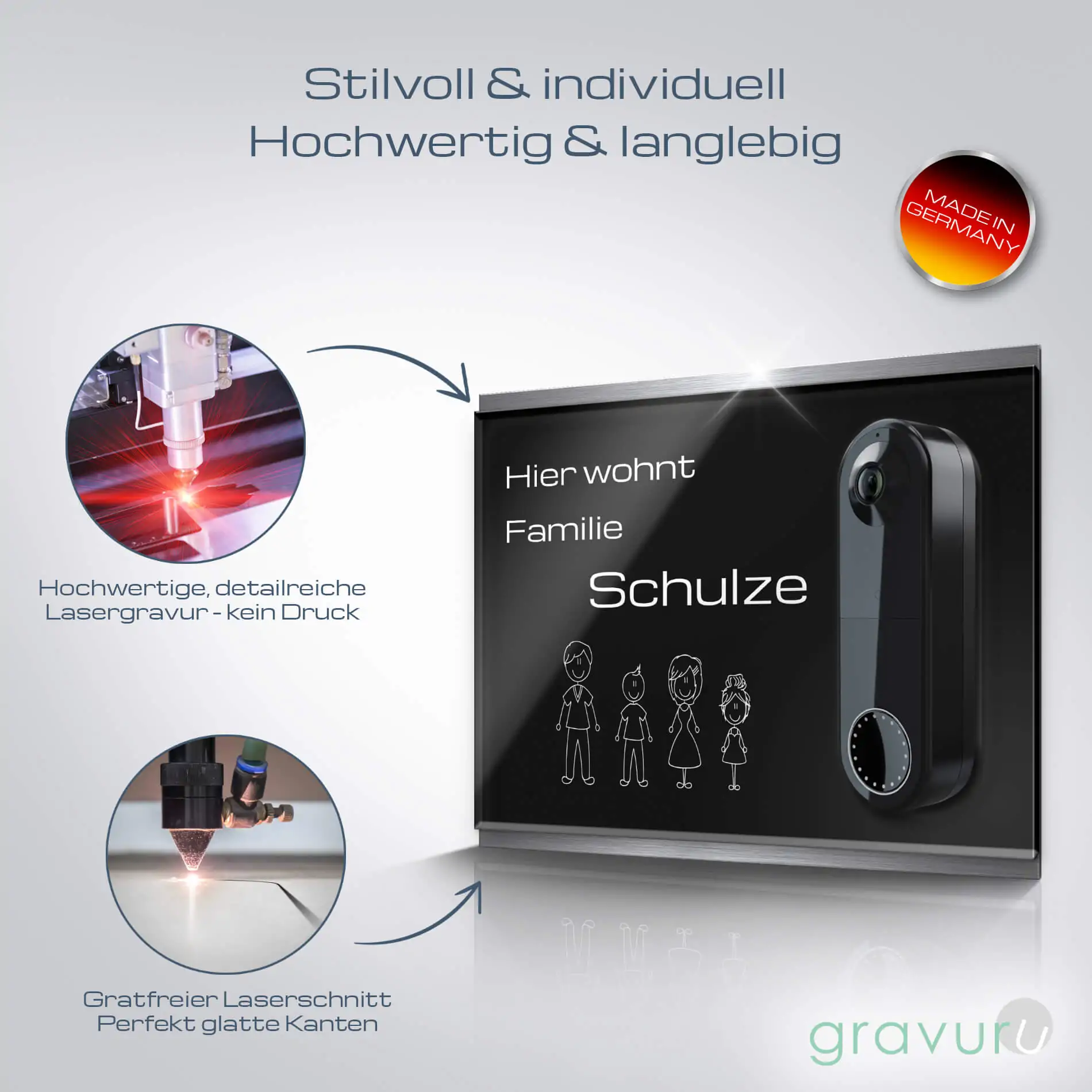 Klingel Schild mit Aussparung für die Arlo Video Wire-Free Doorbell aus Acrylglas auf V2A Edelstahl – Bild 4