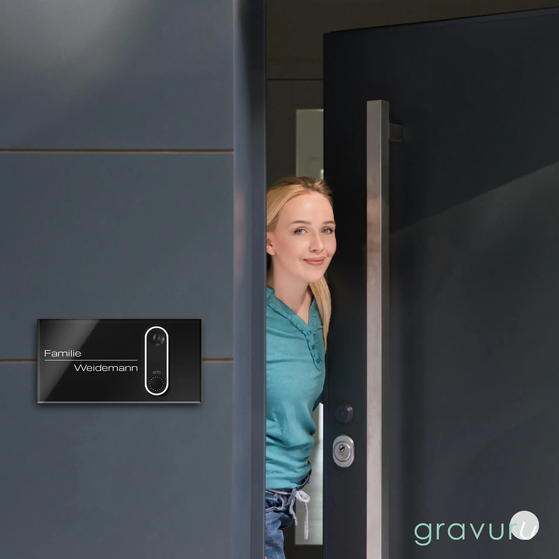 Klingel Schild mit Aussparung für die Arlo Video Wire-Free Doorbell aus Acrylglas auf V2A Edelstahl – Bild 2