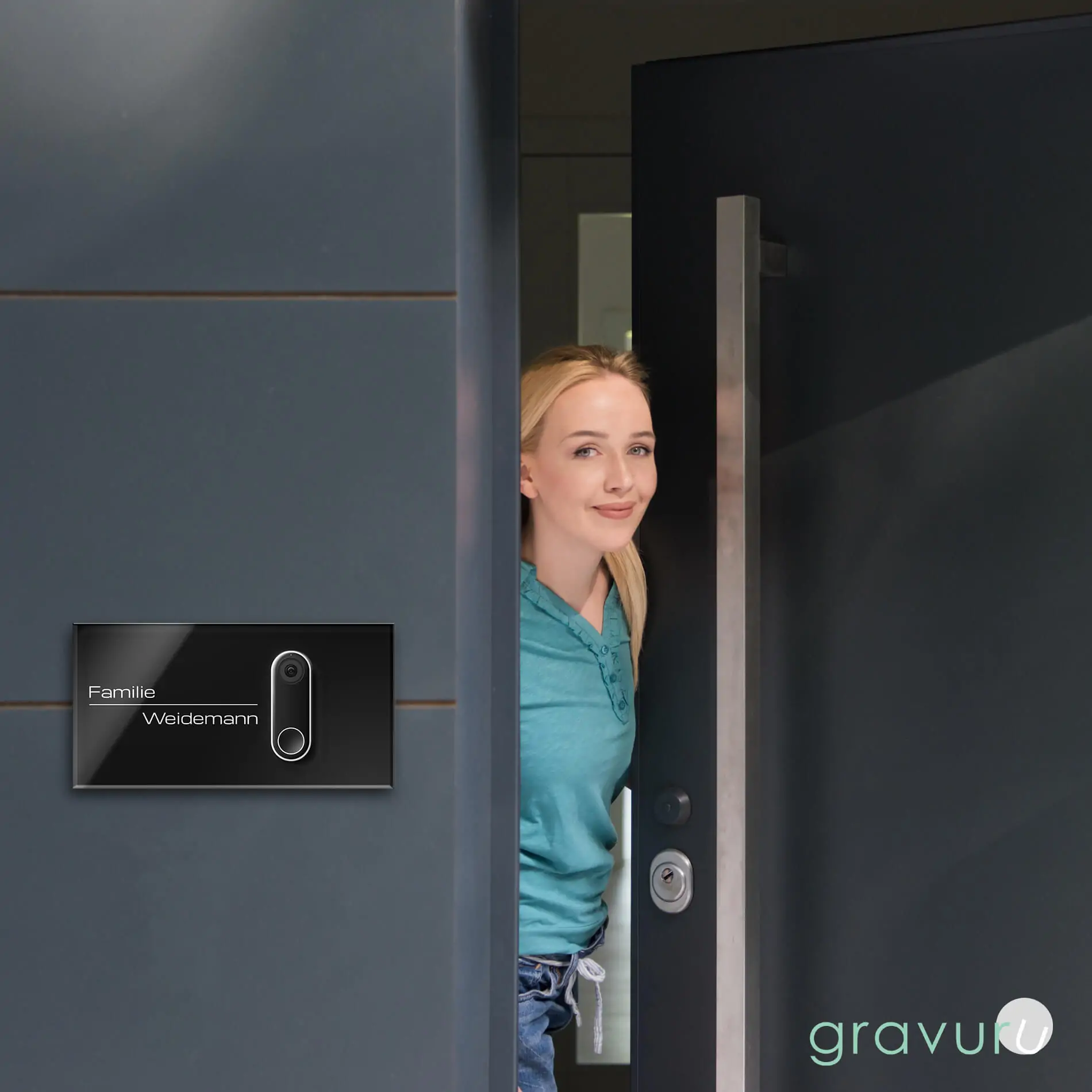 Funkklingel Schild mit Gravur aus Acryl auf Edelstahl für die Google Nest mit Kabel – Bild 2