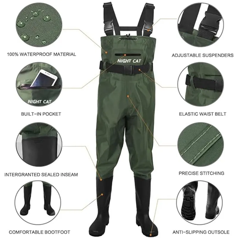 Night Cat Wathose Herren Damen Frauen Wathose mit Stiefeln Wasserdichte Atmungsaktive Crosswater Waders – Bild 4