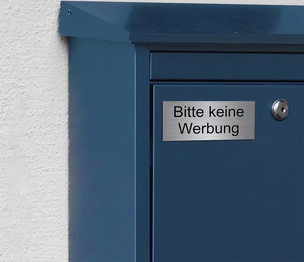 Hinweisschild aus Edelstahl mit Gravur „Bitte keine Werbung“ 8×3,5 cm – Bild 2