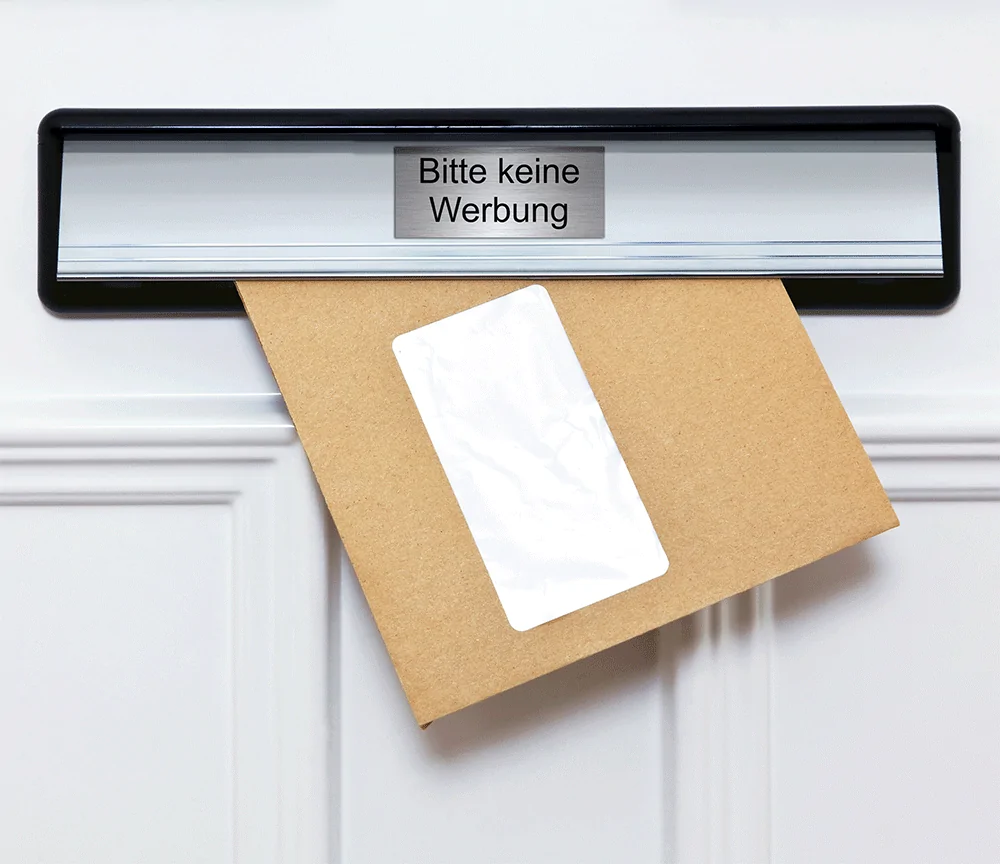 Hinweisschild aus Edelstahl mit Gravur „Bitte keine Werbung“ 8×3,5 cm – Bild 3