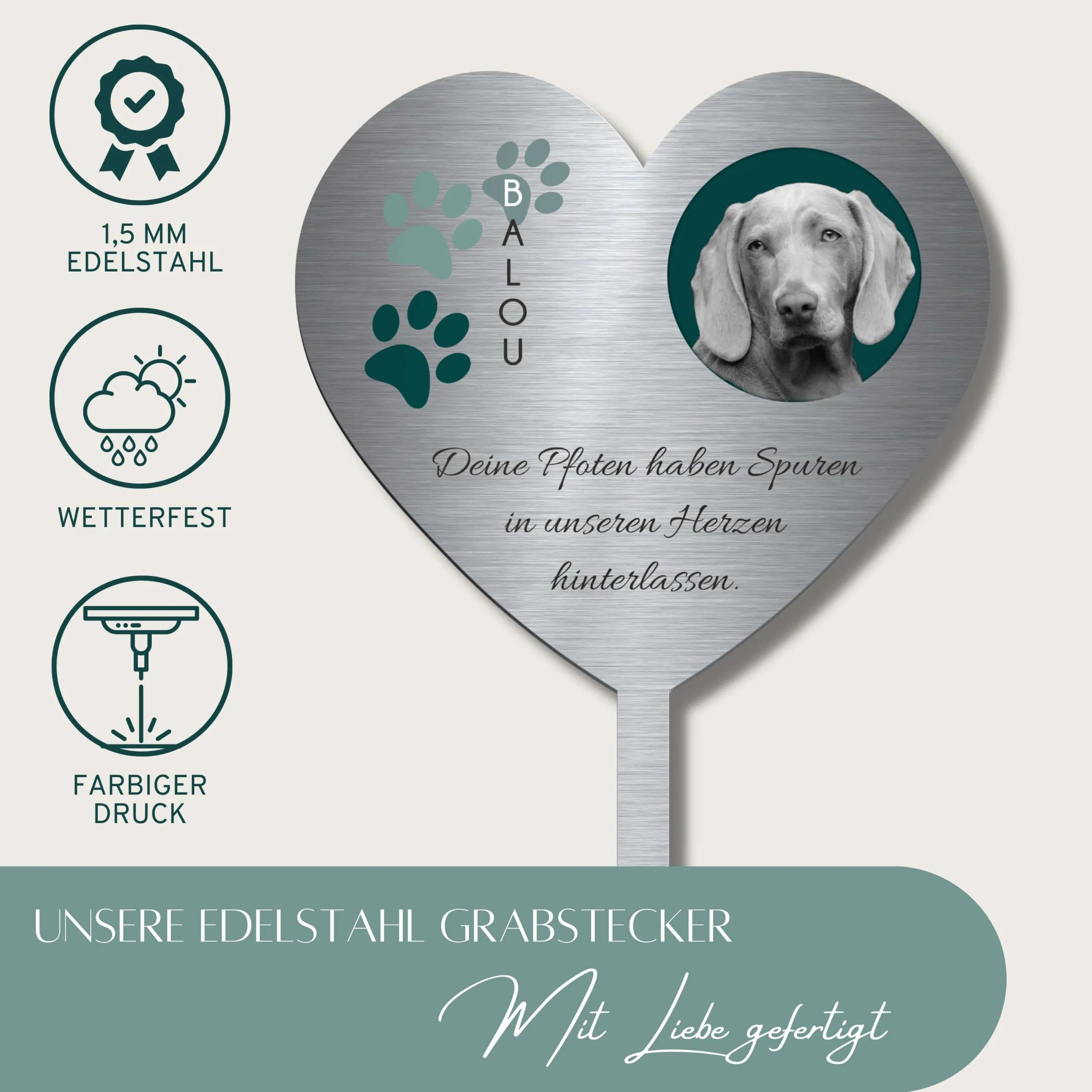 Herzförmiger Grabschmuck mit Trauerspruch und Namen – Bild 3