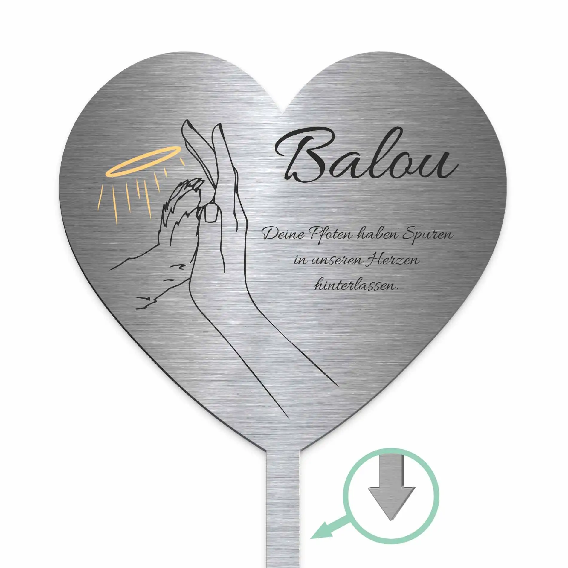 Herzförmiger Grabschmuck mit Trauerspruch und Namen