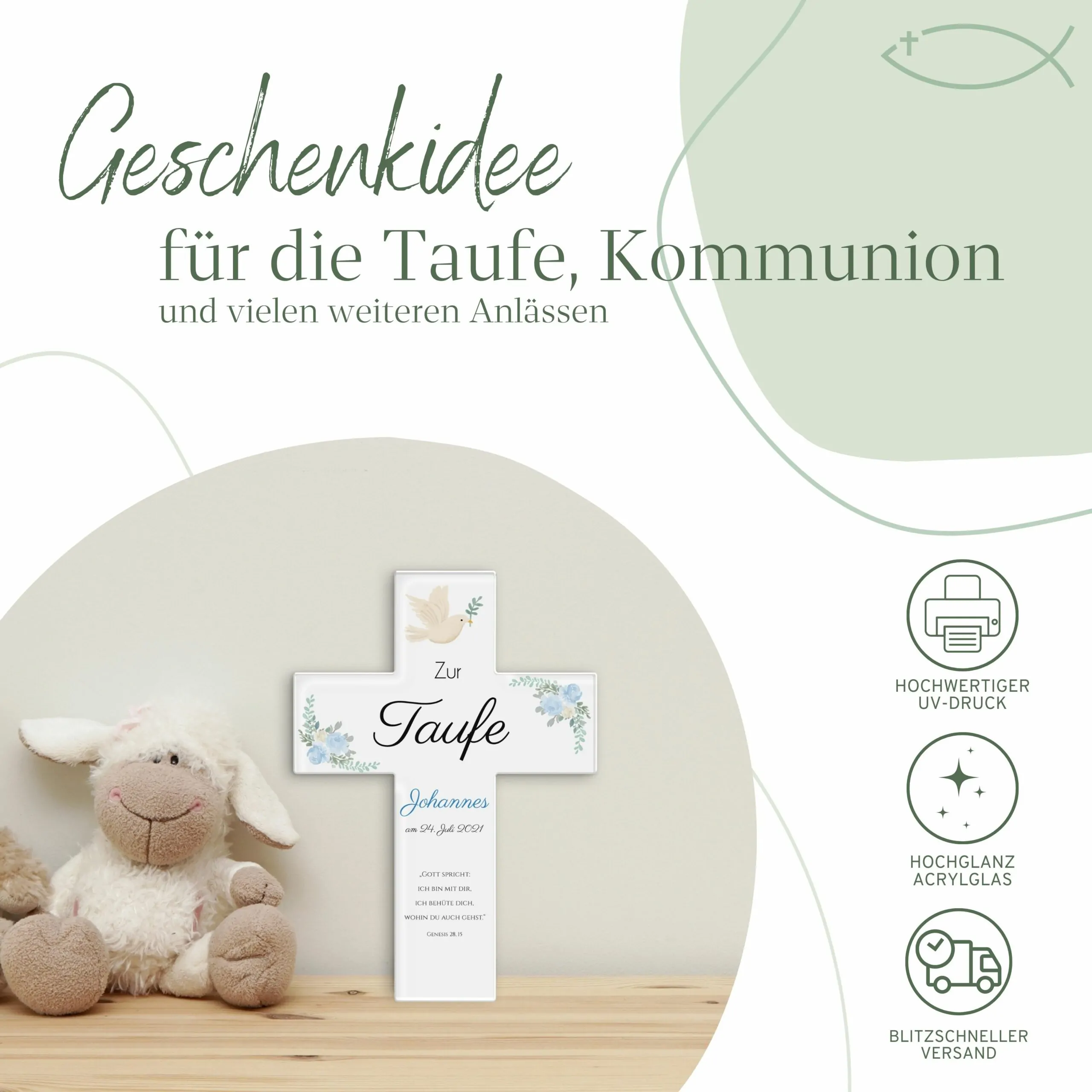 Kreuz zur Taufe mit schönem Blumen Design – Bild 3