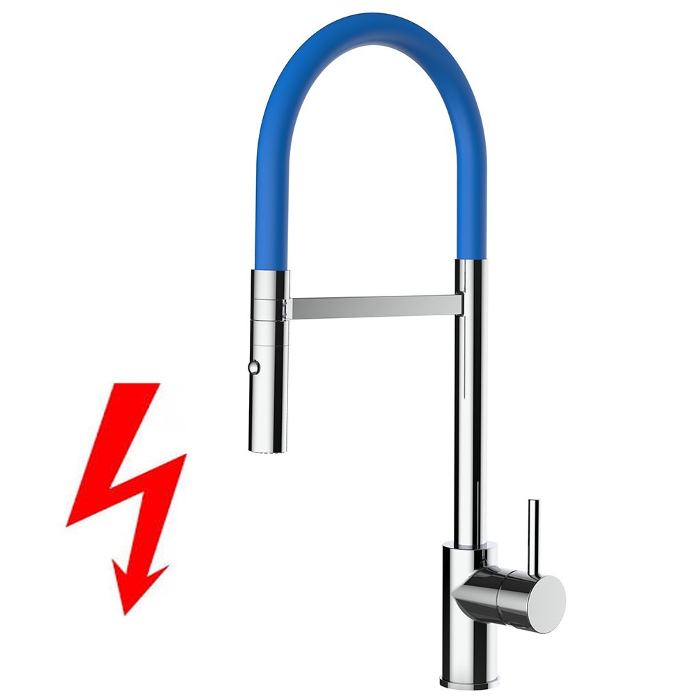 NIEDERDRUCK Wasserhahn Küchenarmatur, SAM, mit 360° schwenkbarem Auslauf, abnehmbare 2 strahl Handbrause, Verchromt / Blau
