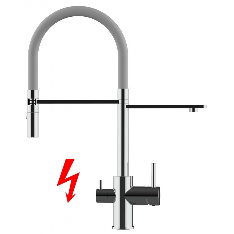NIEDERDRUCK 3 Wege Wasserhahn Küchenarmatur, FL, mit 360° schwenkbarem Auslauf, abnehmbare 2 strahl Handbrause, Verchromt / Grau