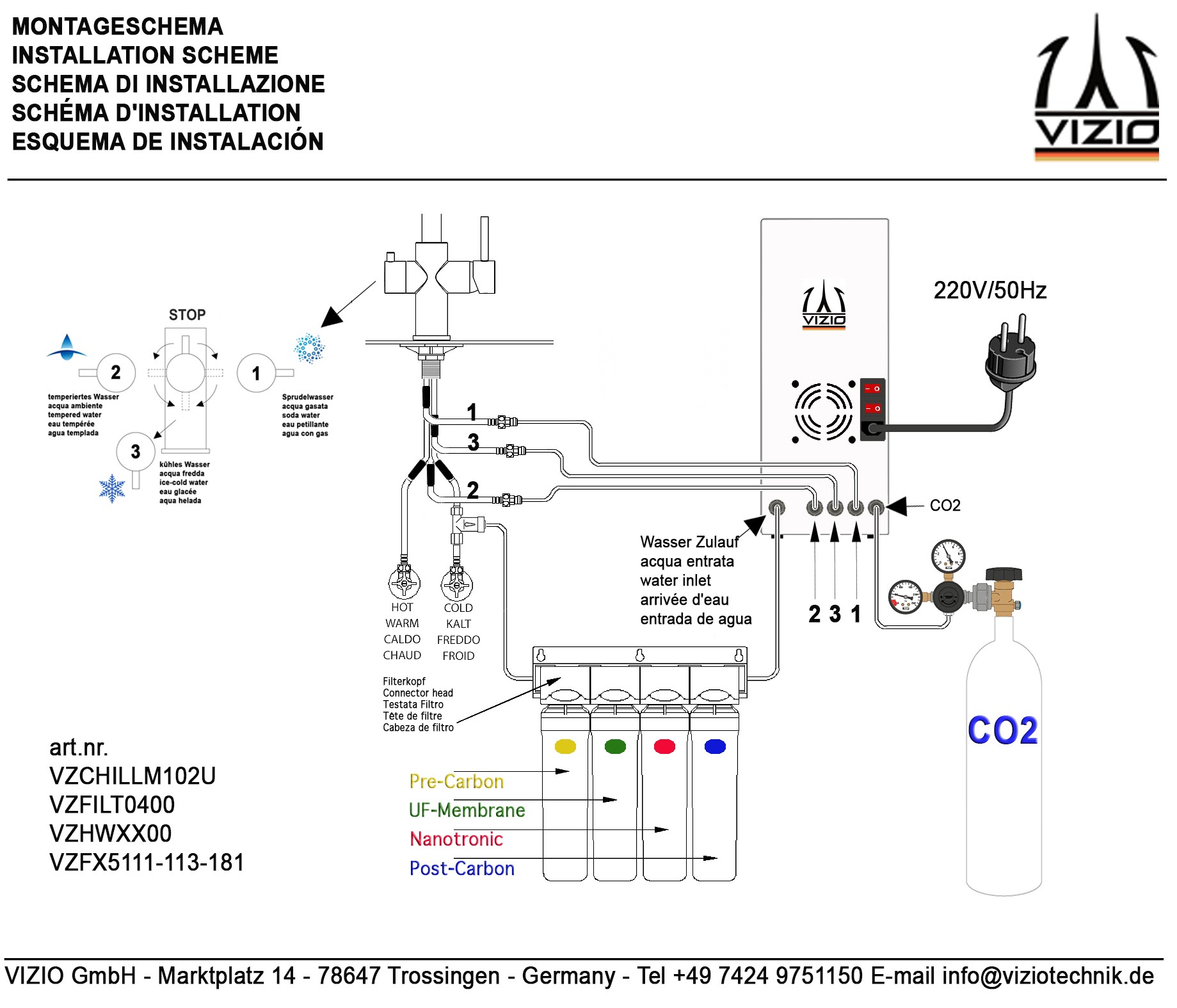 Komplette Anlage, 5 wege Armatur, Sprudelanlage, CO2 Druckminderer und 4 Stadien Filterset – Bild 2