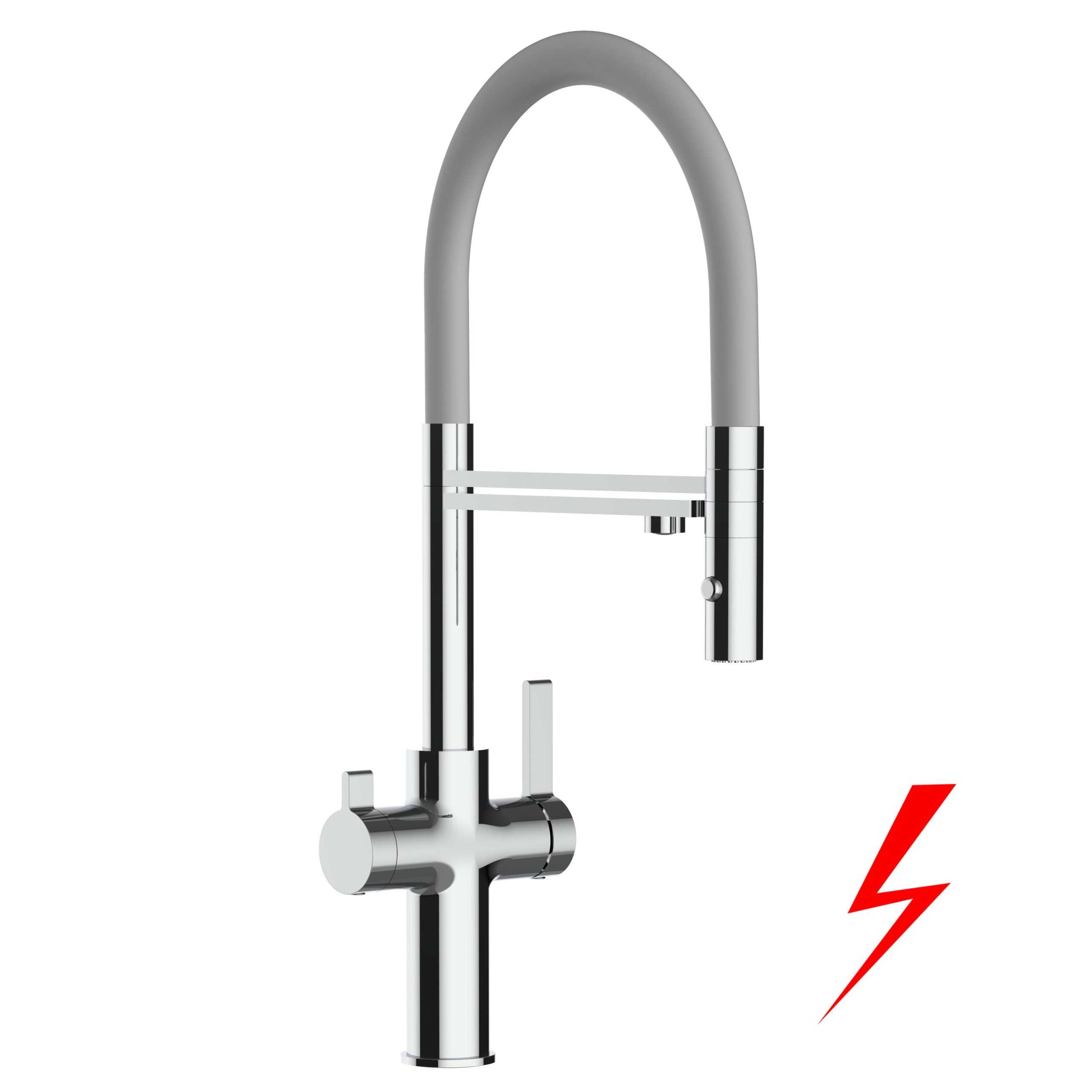 NIEDERDRUCK 3 Wege Wasserhahn Küchenarmatur, FC, mit 360° schwenkbarem Auslauf, abnehmbare 2 strahl Handbrause, Verchromt / Grau