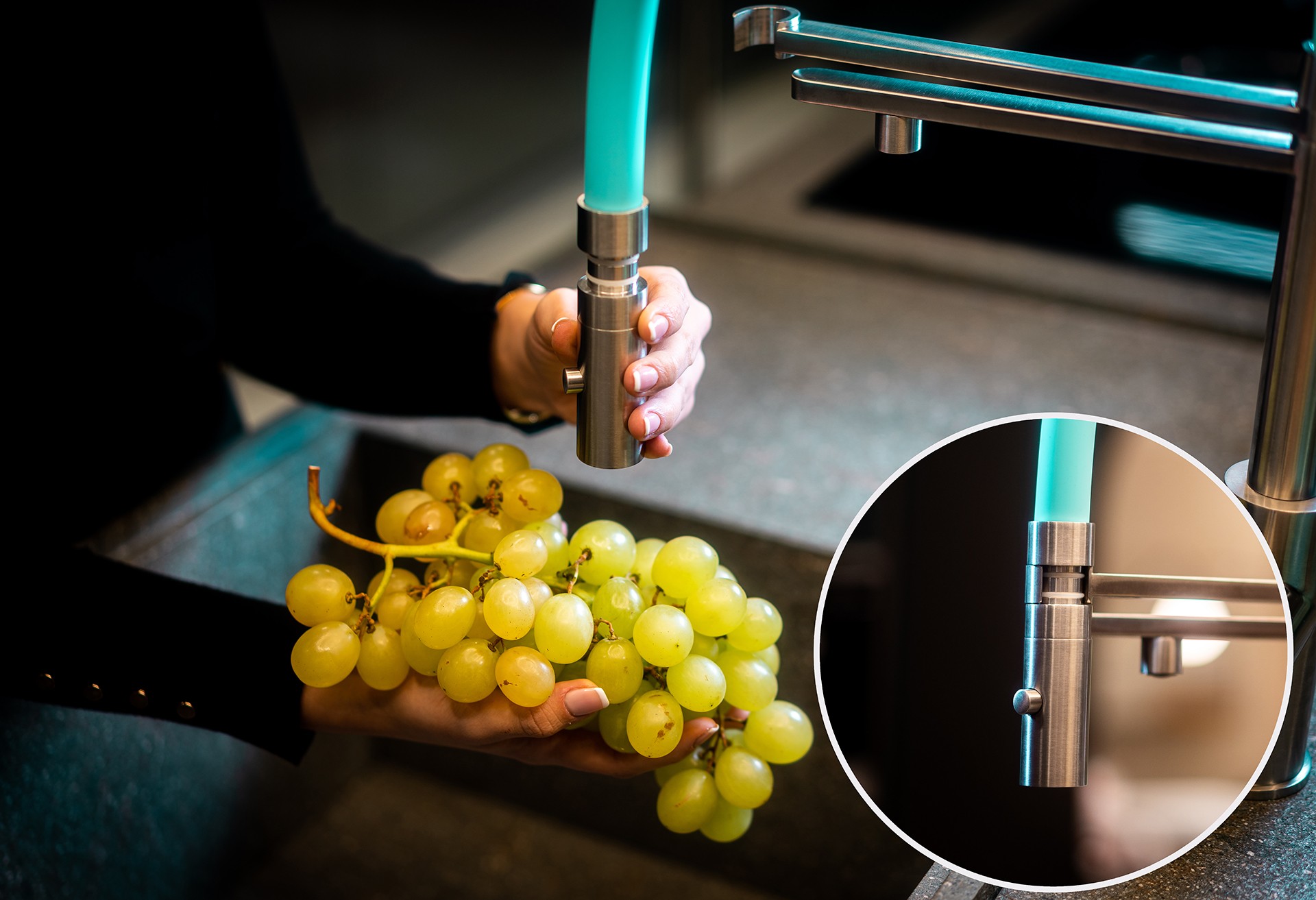 NIEDERDRUCK 3 Wege Wasserhahn Küchenarmatur, Edelstahl Massiv mit 360° schwenkbarem Auslauf, abnehmbare 2 strahl Handbrause, Gebürstet / Blau – Bild 9