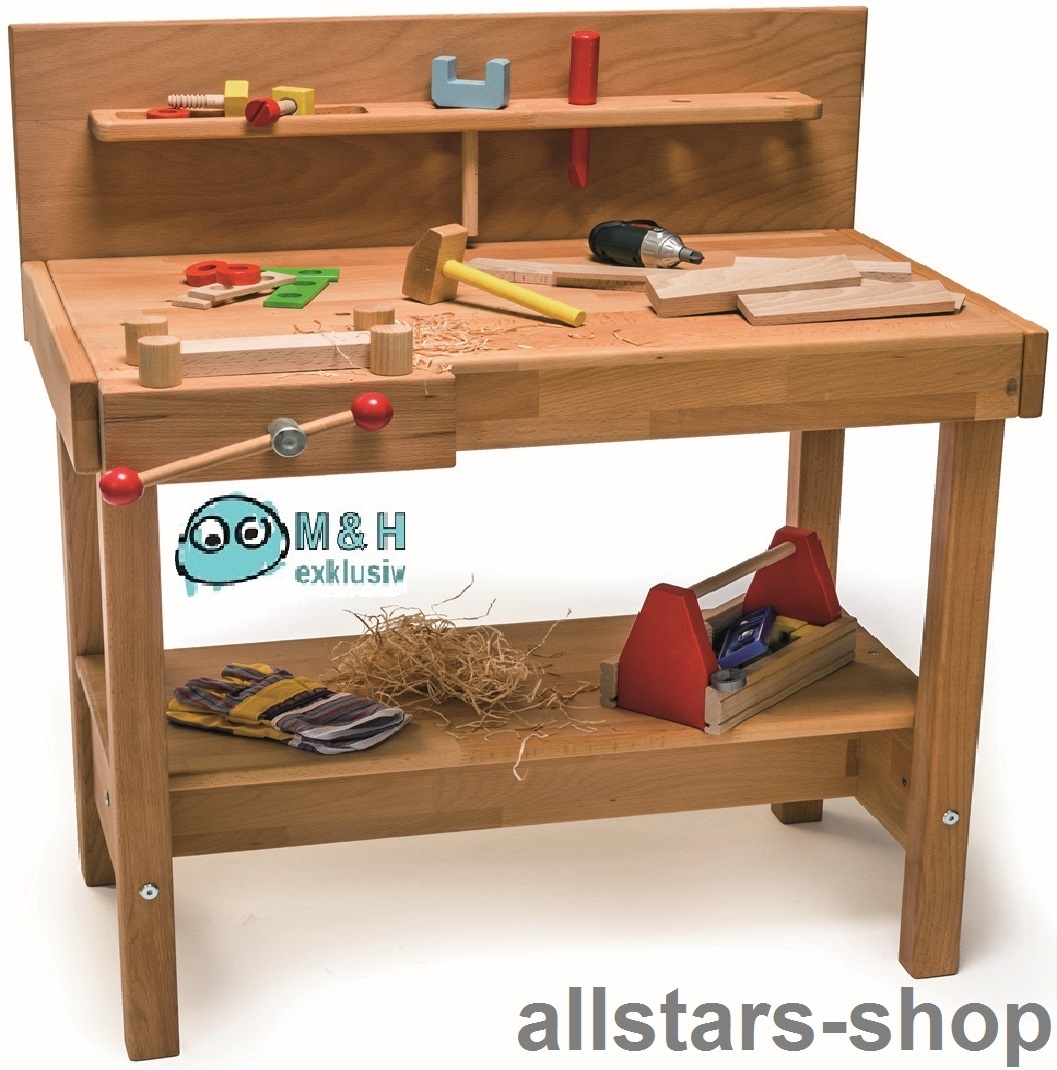 Werkbank aus Holz Massivholz für Kindertagesstätte Spielwerkbank mit Schraubstock drehbar allstars