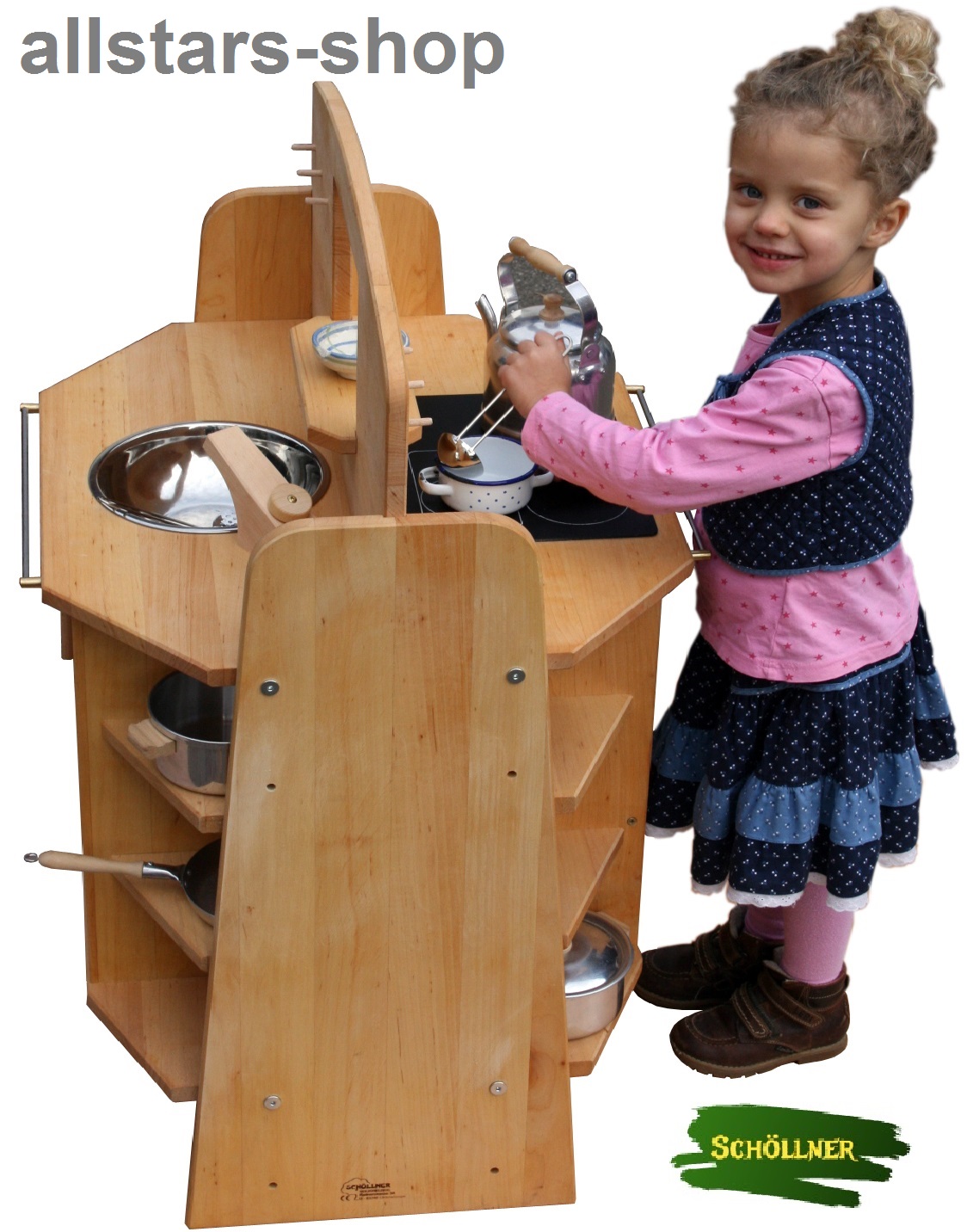 Schöllner Spielküche Kinderküche Pantryküche CULINA Küchenblock 4 Kochflächen Regale Holz – Bild 2